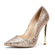 elegant golden color shallow party wedding microfiber leather metal high heel women's pumps